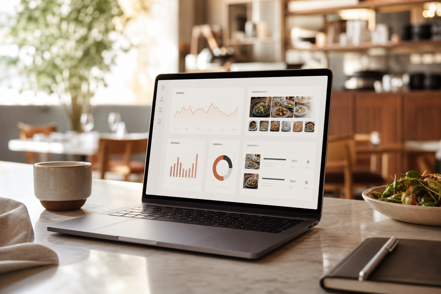 influencer campaign analytics and roi tracking dashboard mockup for a restaurant showing foot traffic, cost-per-visit, ugc usage, and content approvals